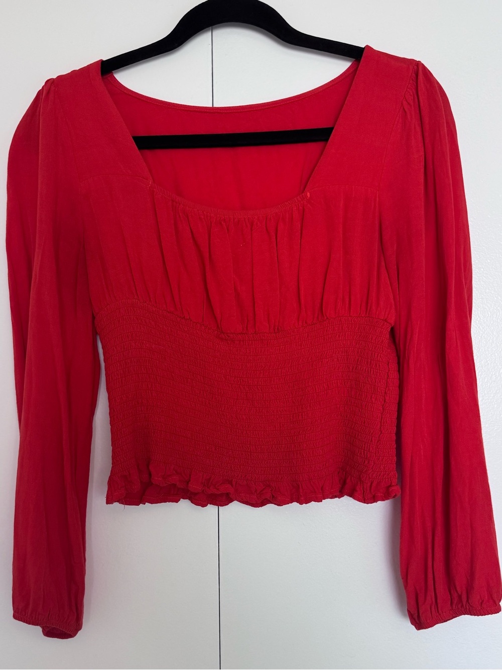 Women's Red Long-Sleeve Square Neck Smocked Waist Top